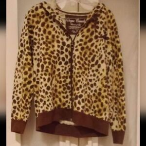 Onque Casuals - brown / tan animal print hooded zip up sweatshirt, Sz Med
